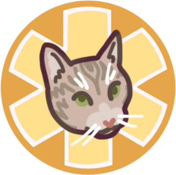 a yellow circle with a large medical alert asterisk inside it, and a cat pictured in the center.